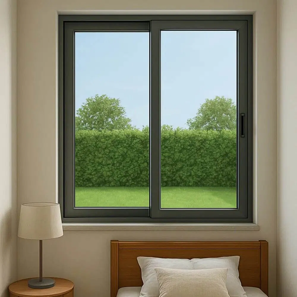 Ventana deslizante residencial de aluminio de gran apertura en gris mate con marco reforzado de carga