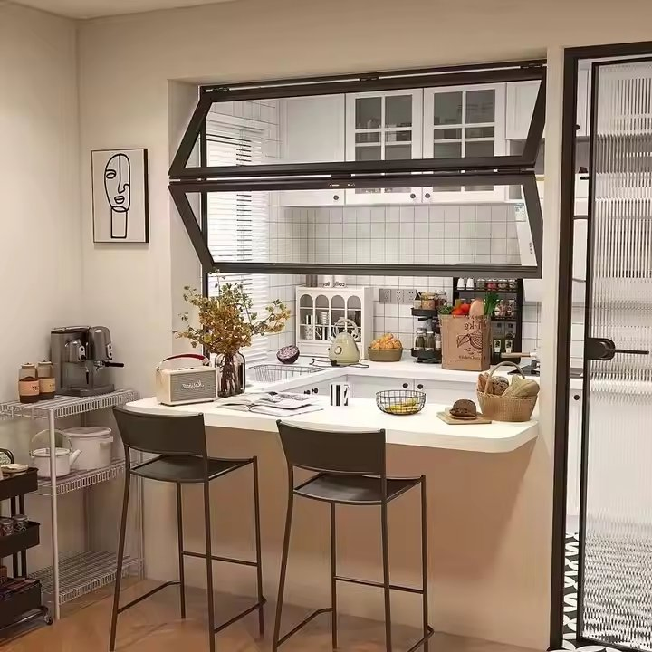 Ventana de cocina empujable deslizante francesa de vidrio plegable para balcón, ventanas de aluminio deslizantes verticales plegables