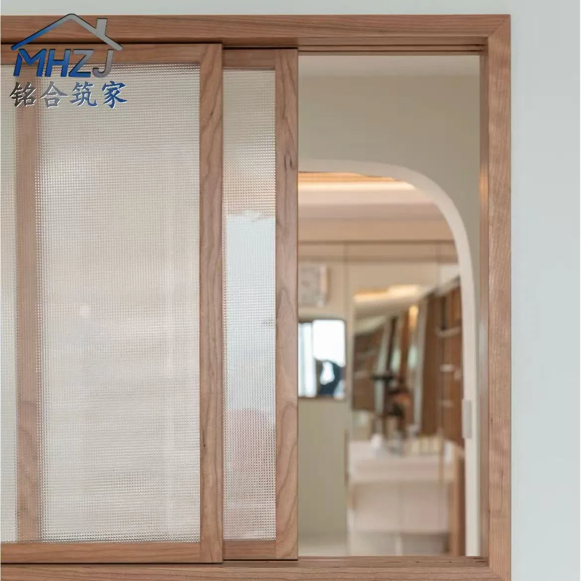Ventana deslizante de marco de madera moderna con construcción de madera maciza, vidrio energéticamente eficiente para proyectos residenciales contemporáneos