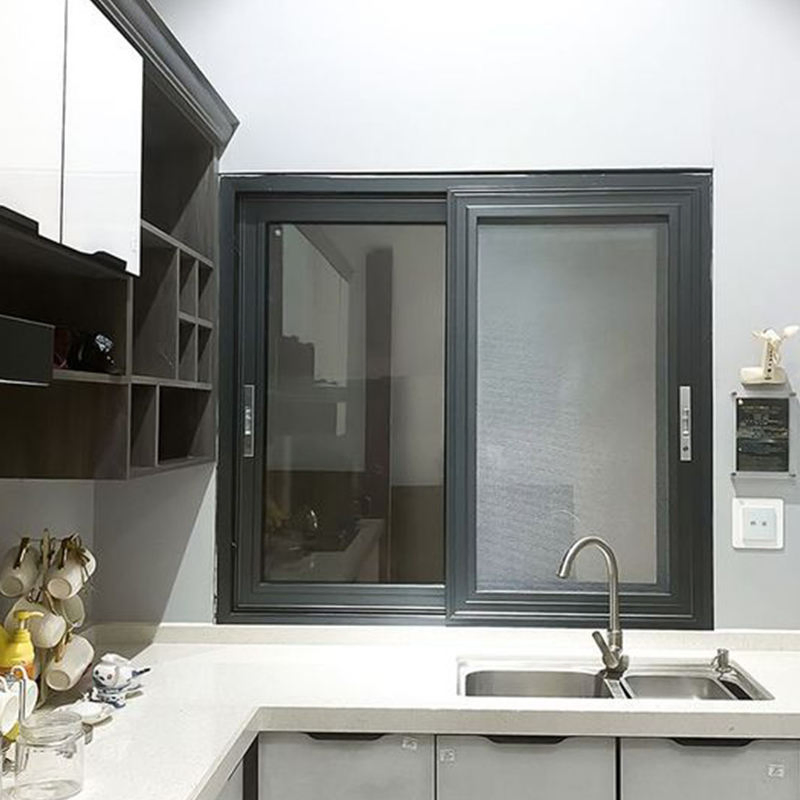Ventana deslizante vertical de cocina de aluminio negro moderno con rejilla