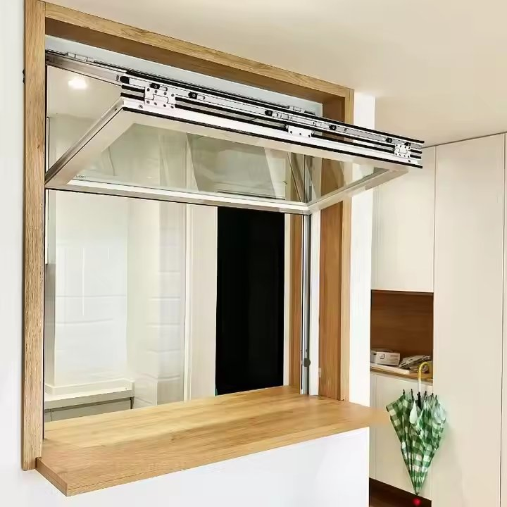 Ventana de cocina empujable deslizante francesa de vidrio plegable para balcón, ventanas de aluminio deslizantes verticales plegables