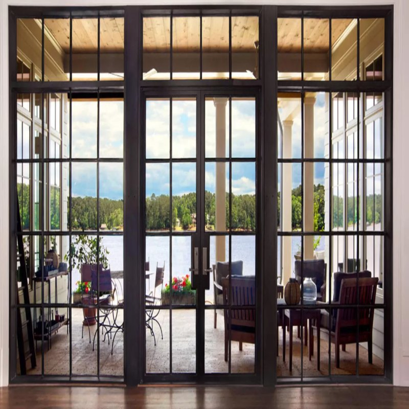 Puerta ventana de acero fundido de marco delgado de estilo moderno con puertas francesas