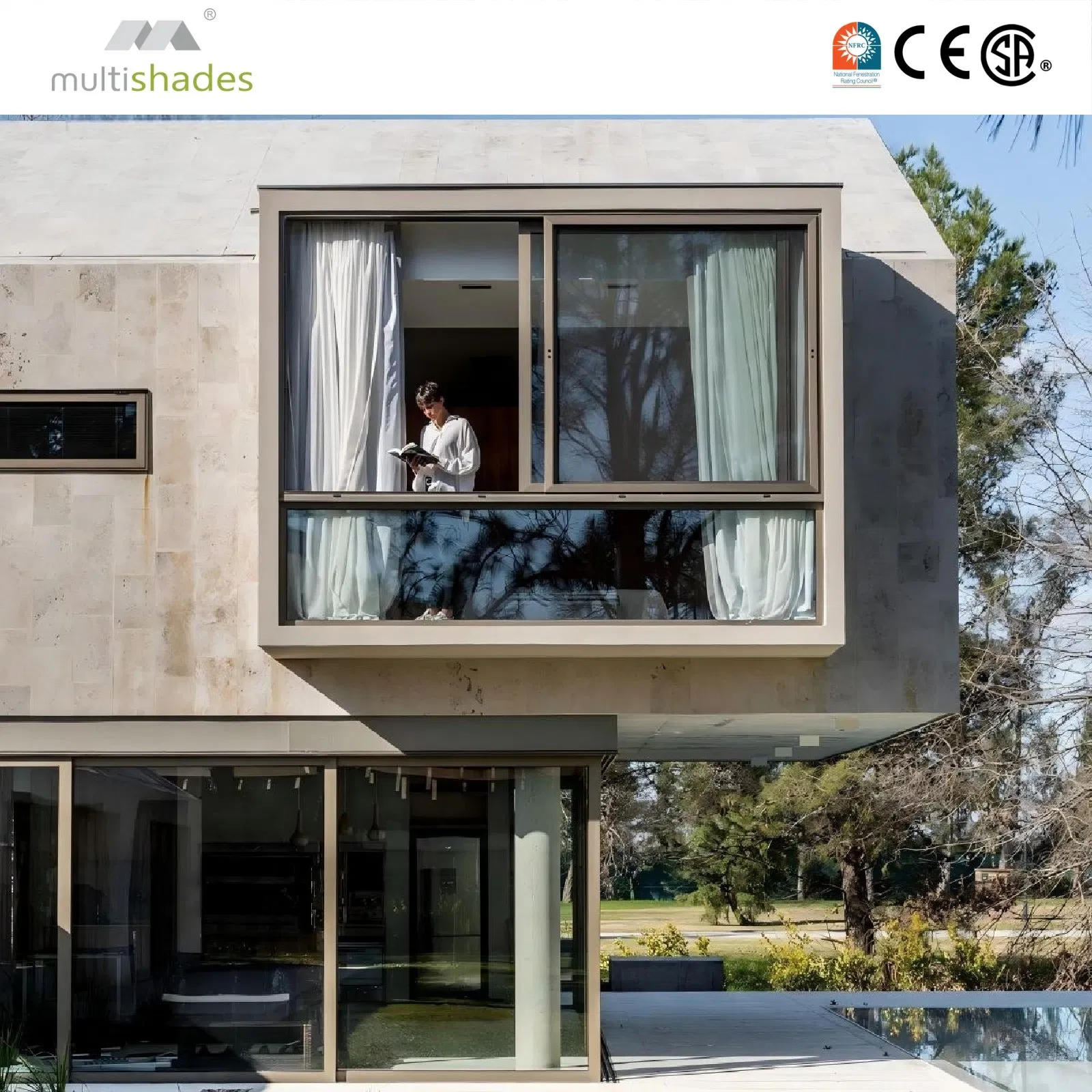 Ventana deslizante de aluminio de doble acristalamiento para dormitorio exterior de Multishades Villa, con apertura horizontal y pantalla, equipada con herrajes de marca reconocida