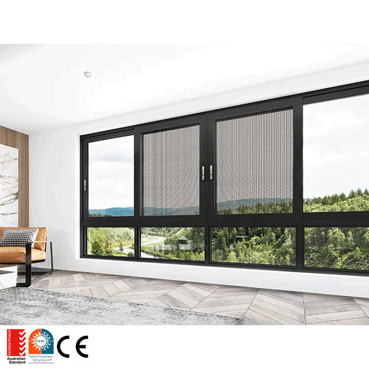 Ventana deslizante vertical de aluminio negro americano con cristal, ventana de doble hoja con mosquitera, ventanas deslizantes verticales colgadas