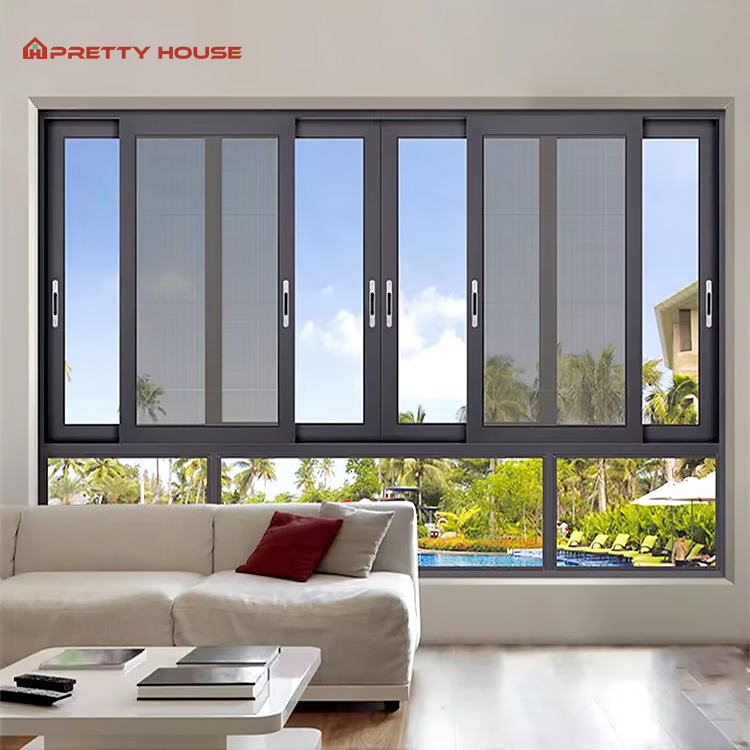 Ventana de vidrio deslizante de aluminio de diseño personalizado con diseño de reja