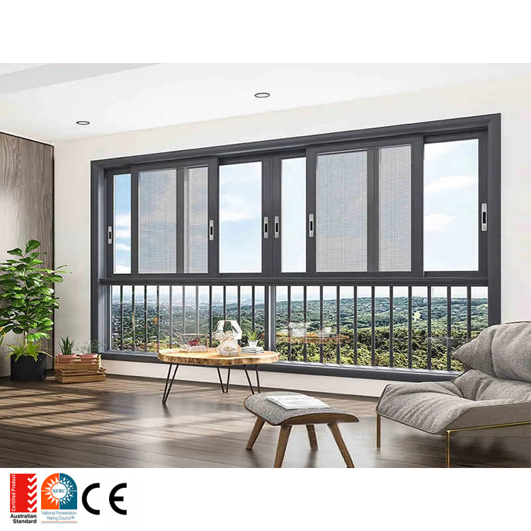 Ventana deslizante vertical de aluminio negro americano con cristal, ventana de doble hoja con mosquitera, ventanas deslizantes verticales colgadas