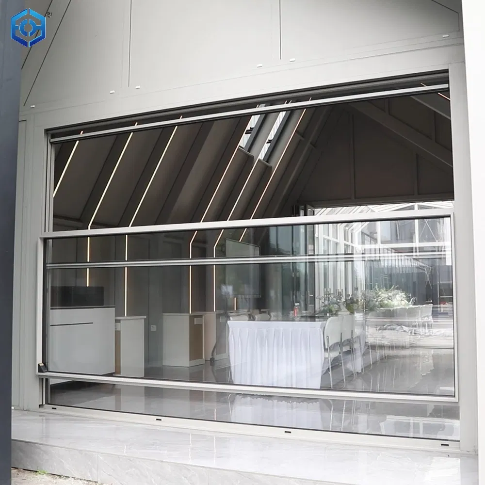 Ventana de balcón moderna de metal, aluminio y vidrio con sistema de deslizamiento vertical eléctrico de Villa Guillotine