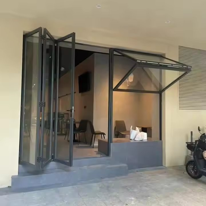 Ventana de cocina empujable deslizante francesa de vidrio plegable para balcón, ventanas de aluminio deslizantes verticales plegables