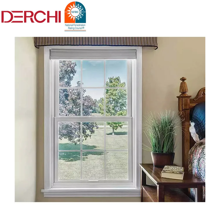 Diseño de rejilla de ventana de guillotina de un solo panel para cocina, ventana deslizante vertical de aluminio