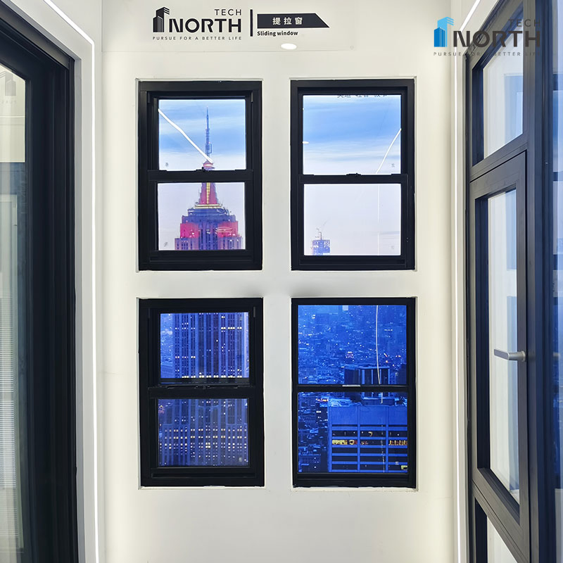 Ventanas de aluminio y madera revestida de aluminio de calidad, de un solo y doble panel, deslizamiento vertical, con ruptura térmica, fabricante de bajo precio