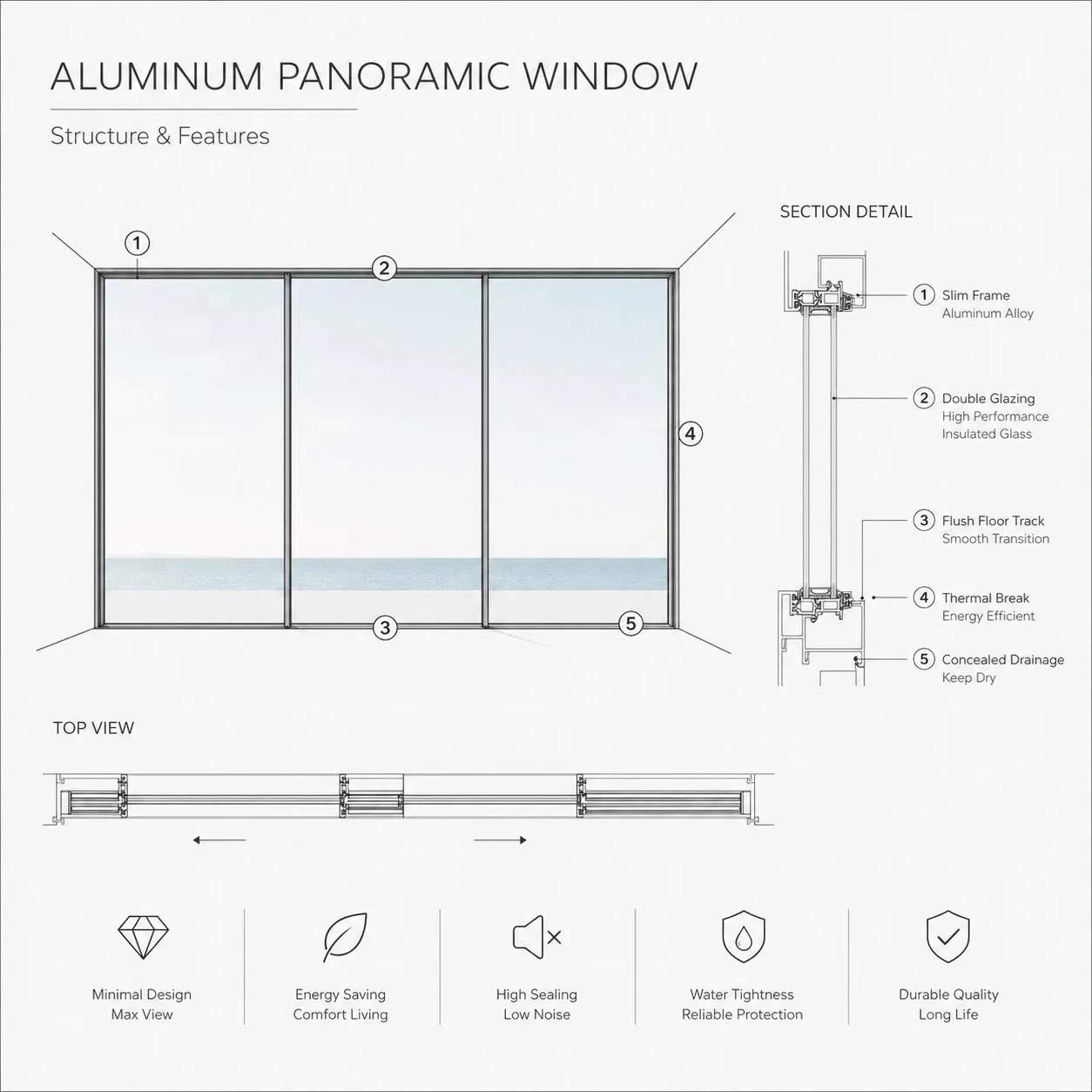 Venta al por mayor de fábrica en China, ventana deslizante panorámica de aluminio con vidrio templado de doble acristalamiento, a prueba de sonido y agua, para uso residencial