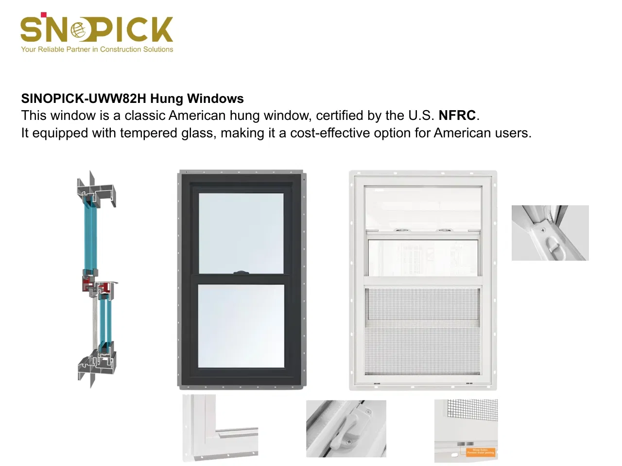 Sección de ventana corrediza americana de vidrio Low-E eficiente en energía