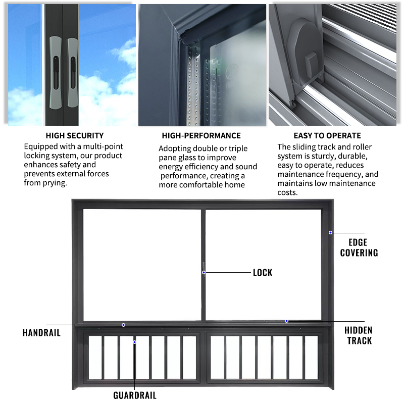 Ventanas deslizantes verticales personalizadas de aluminio con trampilla rápida de vidrio templado