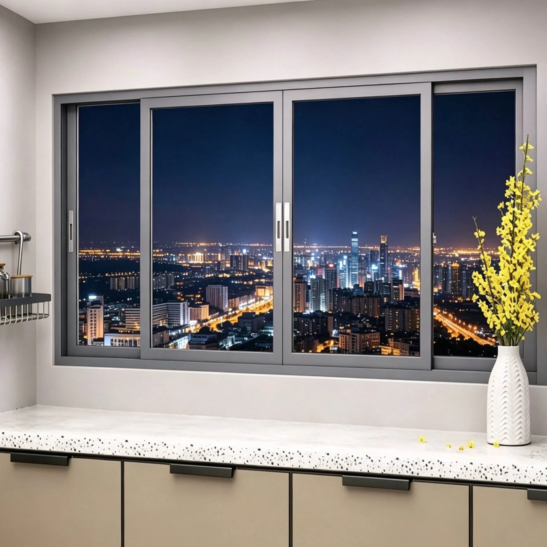 Ventana deslizante residencial de aluminio de gran apertura en gris mate con marco reforzado de carga