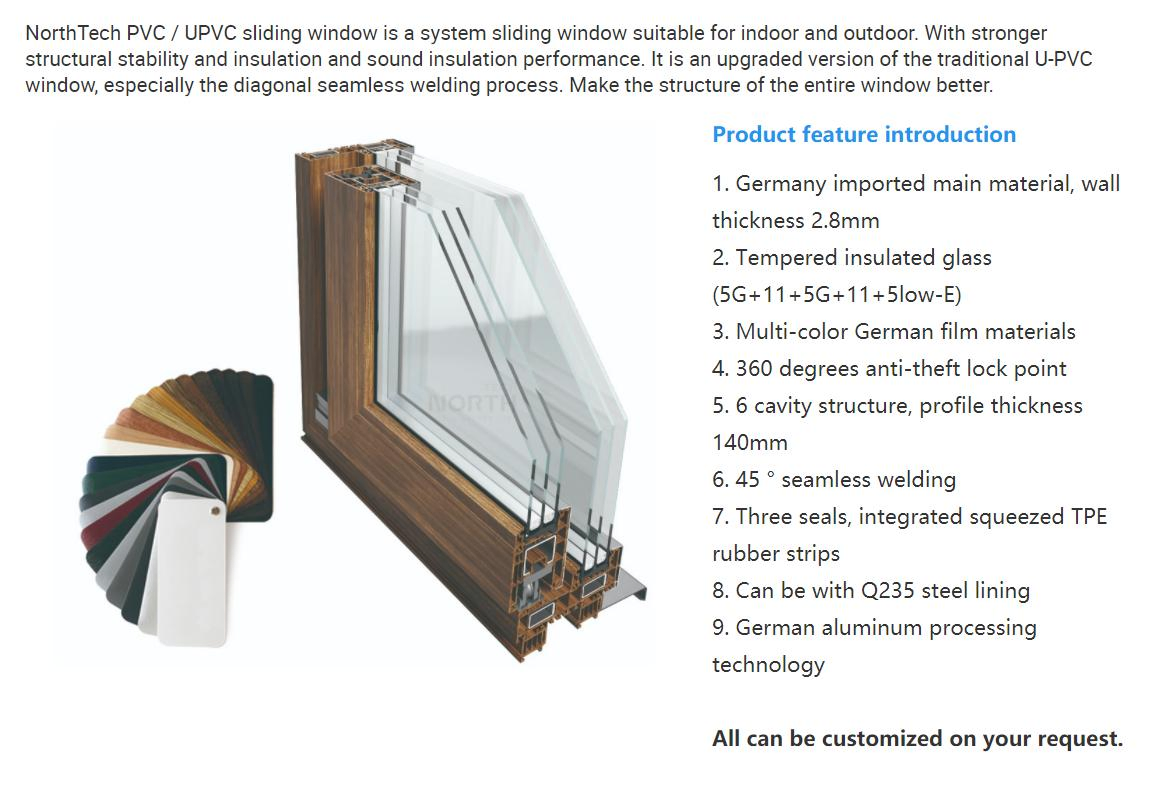Ventanas de vidrio personalizadas Northtech, a prueba de agua, insonorizadas, con aislamiento térmico, ventana deslizante de PVC UPVC