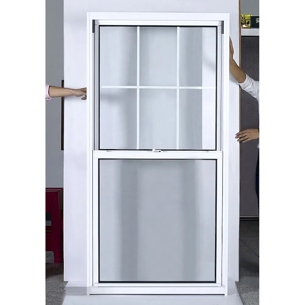Venta caliente de Kdsbuilding Ventana deslizante vertical de aluminio negro de doble hoja personalizada y de ahorro de energía