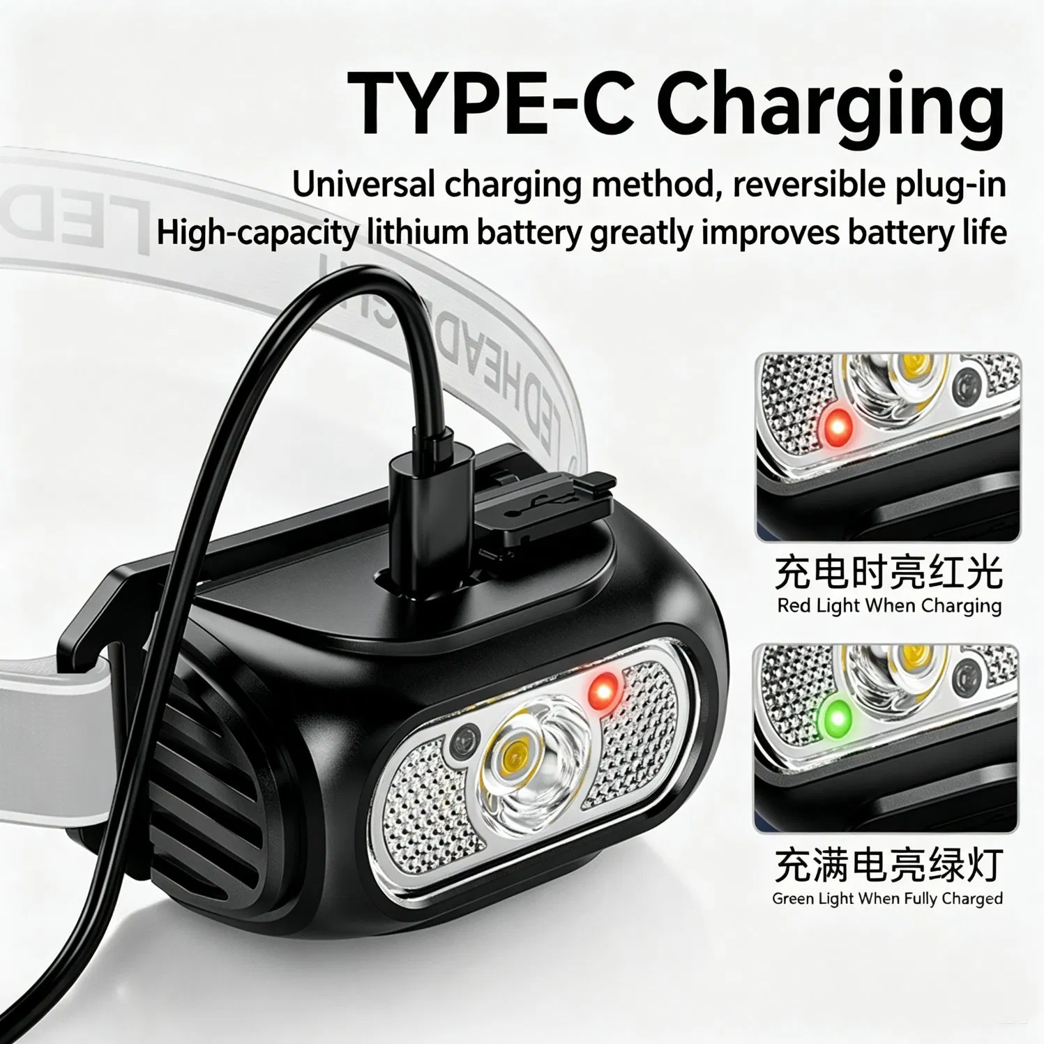 Linterna frontal activada por sensor de modo múltiple, carga rápida tipo C, fuente de luz dual 230lm brillante faro LED con luz estroboscópica roja de autoconfianza