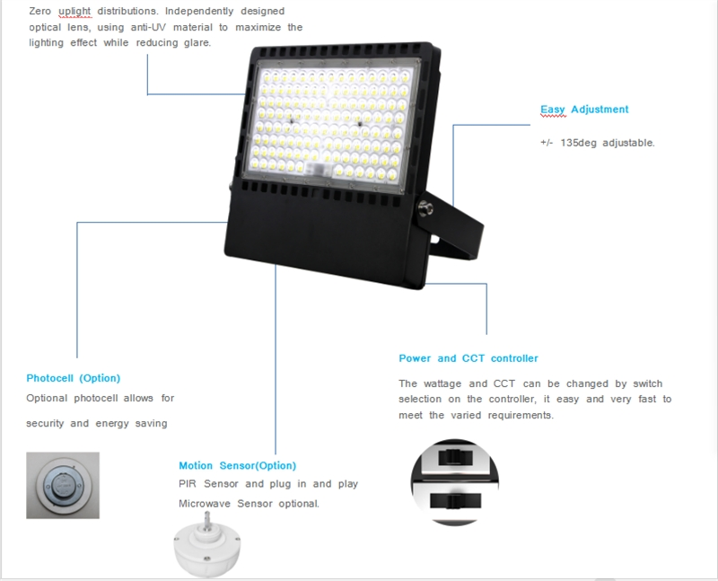 Proyector de Estadio de Alta Mast Outdoor Iluminación de Alta Lumen 180lm/W 100W 150W 200W 240W 300W 400W 500W 600W Luces LED de Inundación 3watt 3CCT Sensor de Fotocélula