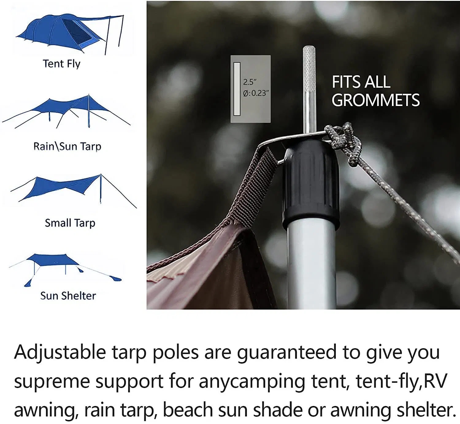 Polo de tienda ajustable de aluminio, polo telescópico para lona, ​​polo ligero para acampar