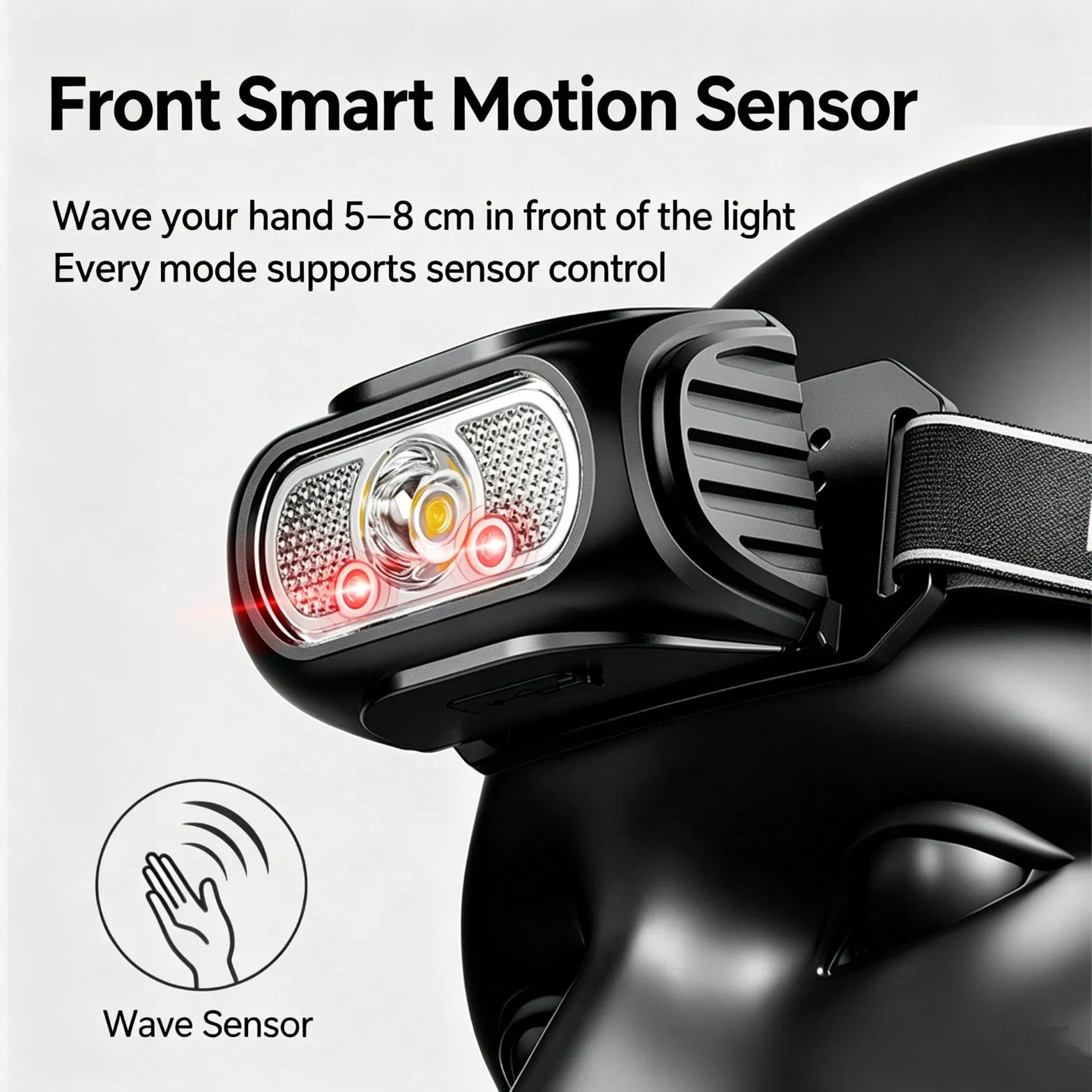 Linterna frontal activada por sensor de modo múltiple, carga rápida tipo C, fuente de luz dual 230lm brillante faro LED con luz estroboscópica roja de autoconfianza