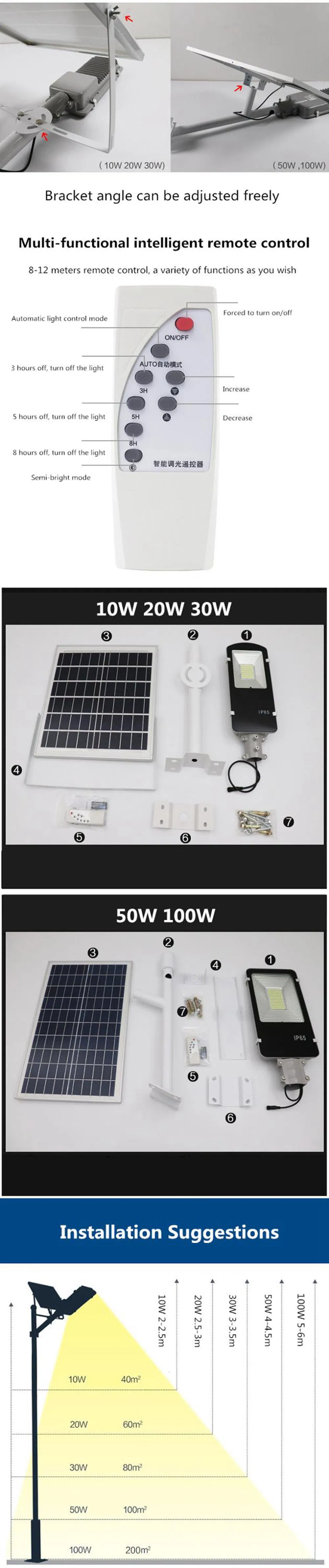 Luz Solar de Calle LED Exterior Dividida 30W 60W 90W 120W Carcasa de Aluminio Larga Duración Luz Solar para Camino Jardín