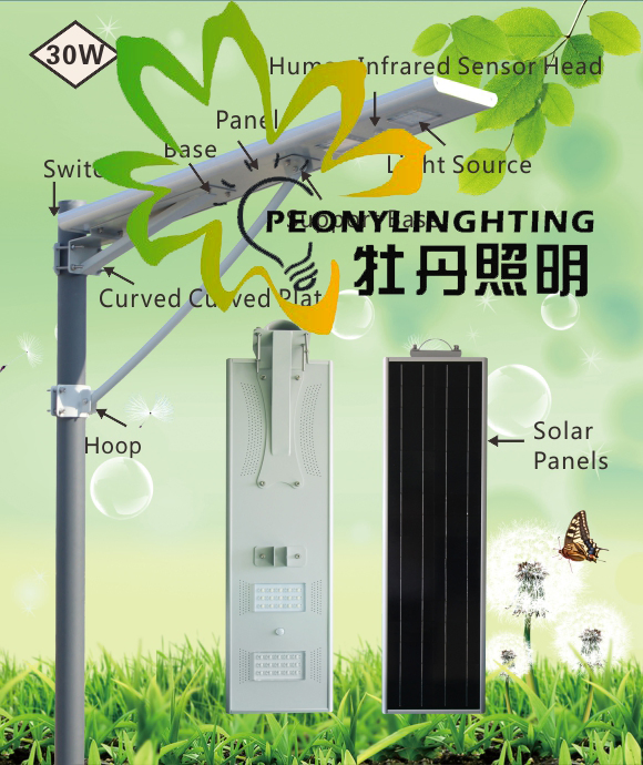 IP65 ¡Precio de fábrica! ! 30W ¡Luz de calle LED solar todo en uno integrada! ! ¡Inducción infrarroja de cuerpo humano! ! ¡Lámpara de jardín al aire libre, patio, calle, carretera, césped!