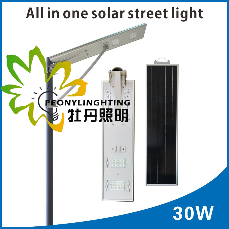 IP65 ¡Precio de fábrica! ! 30W ¡Luz de calle LED solar todo en uno integrada! ! ¡Inducción infrarroja de cuerpo humano! ! ¡Lámpara de jardín al aire libre, patio, calle, carretera, césped!