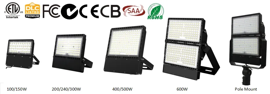 Proyector de Estadio de Alta Mast Outdoor Iluminación de Alta Lumen 180lm/W 100W 150W 200W 240W 300W 400W 500W 600W Luces LED de Inundación 3watt 3CCT Sensor de Fotocélula