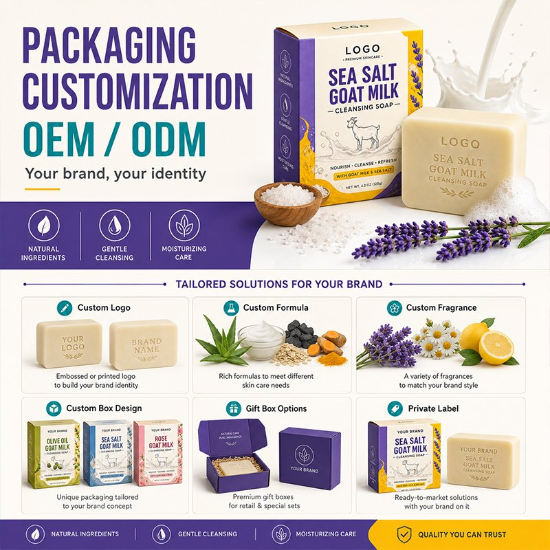 Sabonete de Limpeza com Sal Marinho Mineral ODM, Limpeza Suave e Profunda, Leite de Cabra Nutritivo, Lavanda Calmante, Para Todos os Tipos de Pele