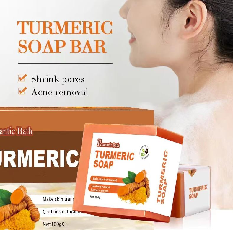 Barra de Sabão de Cúrcuma Sabão com Óleo Essencial Sabão de Banho de Cúrcuma Orgânico Natural Removedor de Manchas Escuras Clareamento Limpeza Profunda Iluminação da Pele Sabão de Cúrcuma