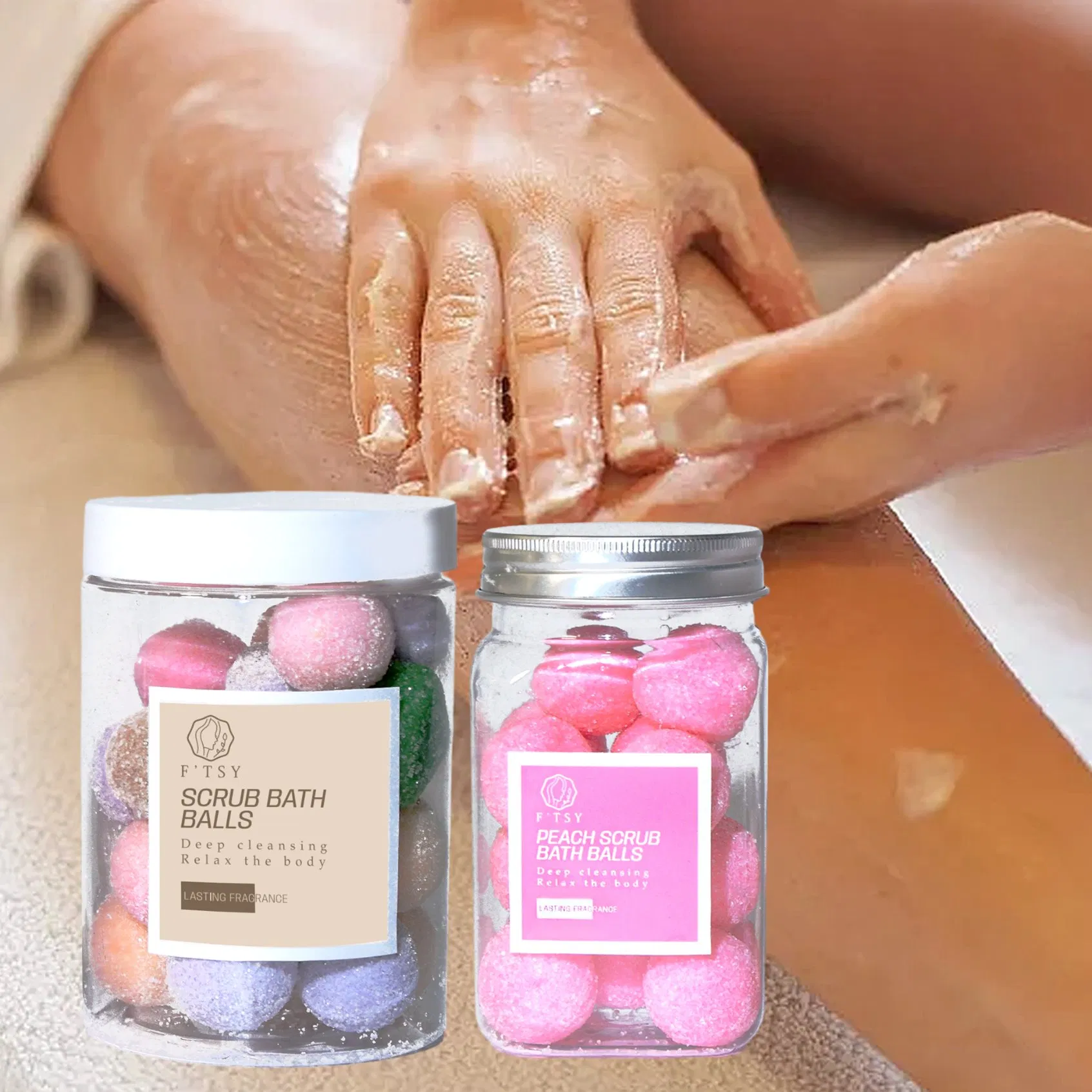 Bolas de Esfoliação Natural para Banho com Logo Personalizado, Limpeza Suave, Clareamento, Esfoliante de Açúcar para Cuidados Corporais