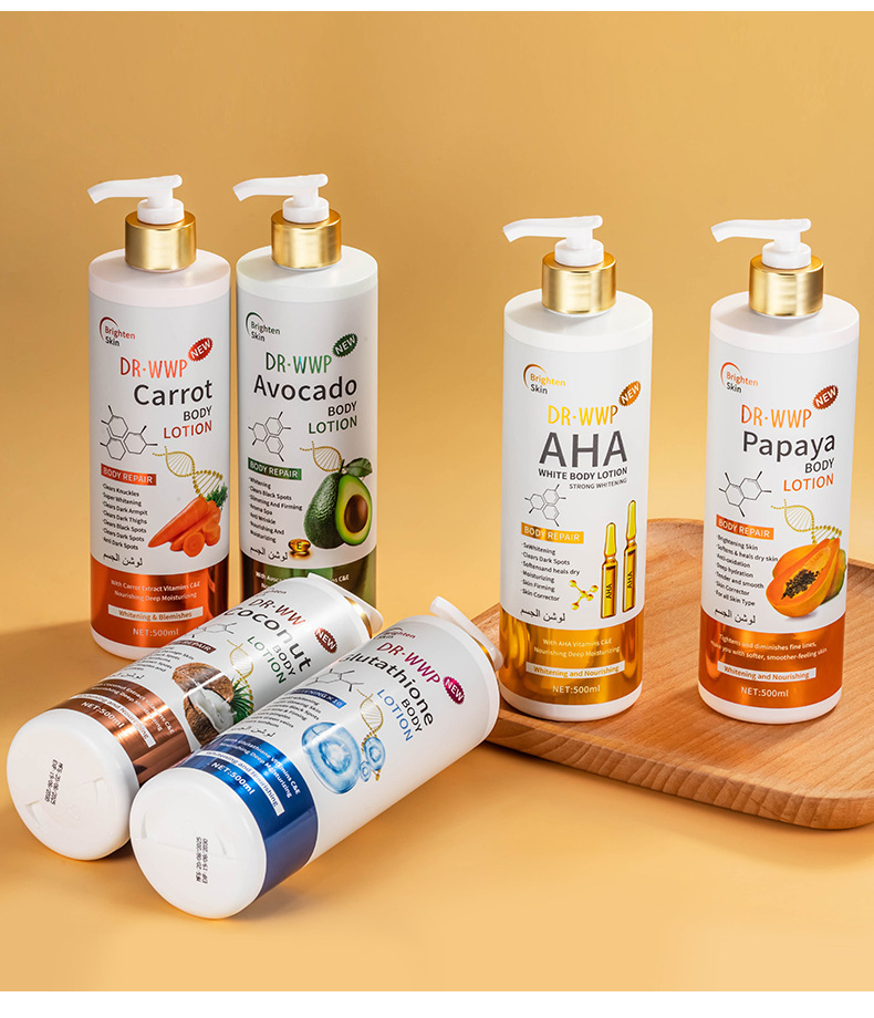 Fornecimento em Lote de Fábrica 500ml Extrato de Frutas Múltiplas Loção Corporal OEM ODM Marca Privada Clareadora Nutritiva para Pele Seca Leite Corporal Clareador Atacado Cuidados com a Pele do Corpo