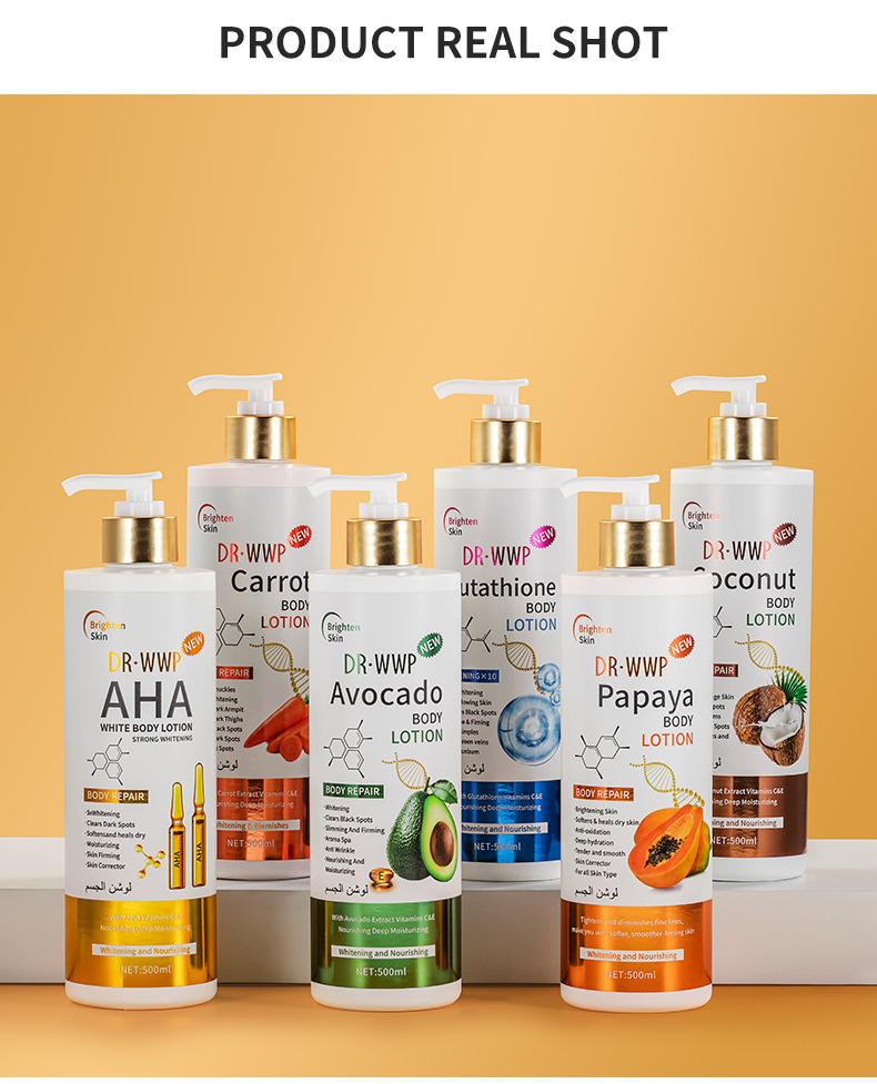 Fornecimento em Lote de Fábrica 500ml Extrato de Frutas Múltiplas Loção Corporal OEM ODM Marca Privada Clareadora Nutritiva para Pele Seca Leite Corporal Clareador Atacado Cuidados com a Pele do Corpo