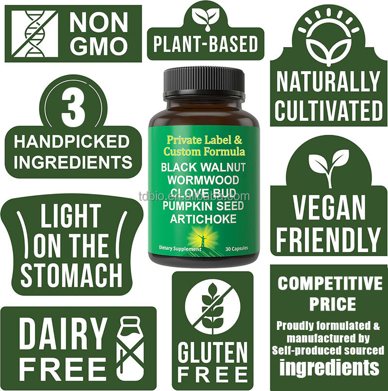 Cápsulas de Limpeza Vegana Detox + Suporte Intestinal de Artemísia, Noz Negra, Peptídeo e Extrato de Cravo para Humanos