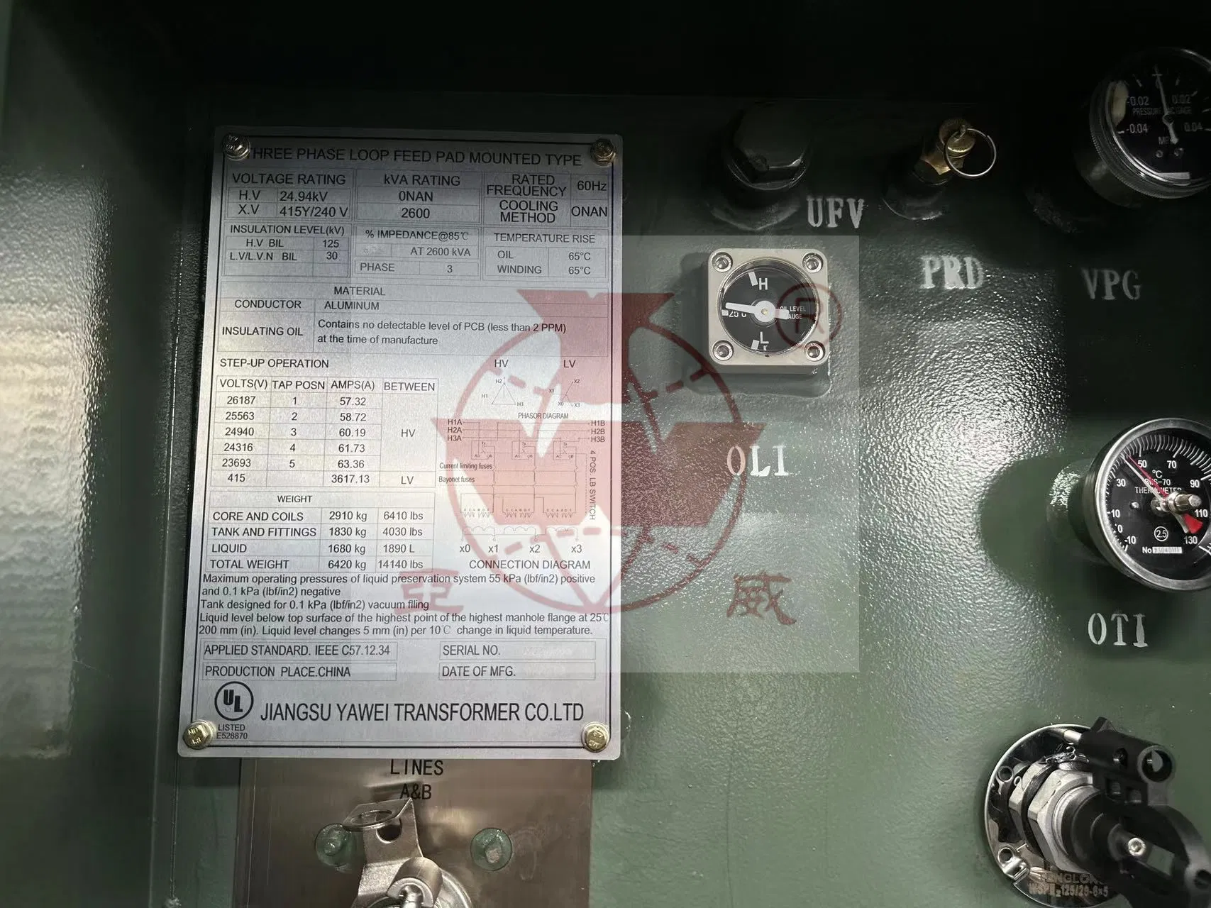 Yawei 2600kVA 24.94/0.415kv Three-Phase Oil-Immersed Pad Mounted Transformer with UL