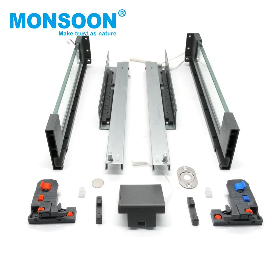 84mm Height Kitchen Cabinet Fitting Under Mount Grey Zinc Plated Electrical Slim Box High Penetration Ultrabox-Glass Drawer System