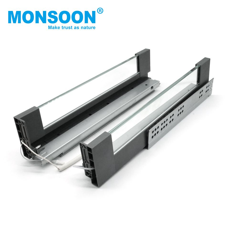 Kitchen Cabinet 84mm Height Double Wall Zinc Plated Rimless Type Correderas Electrical Slim Ultrabox-Glass Drawer System with High Penetration Glass