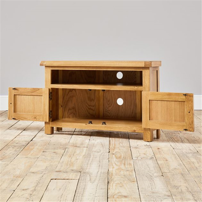 China Manufacture Nordic Minimalist Rustic Wooden Oak Corner Irregular Shape TV Stand