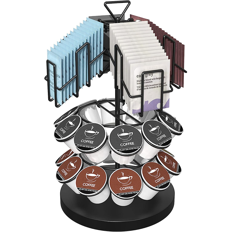Long Life High Quality Kitchen Metal Wooden Black Holds 60 K Cups Nespresso Carousel Station Countertop Syrup Coffee Revolving Pods Organizer