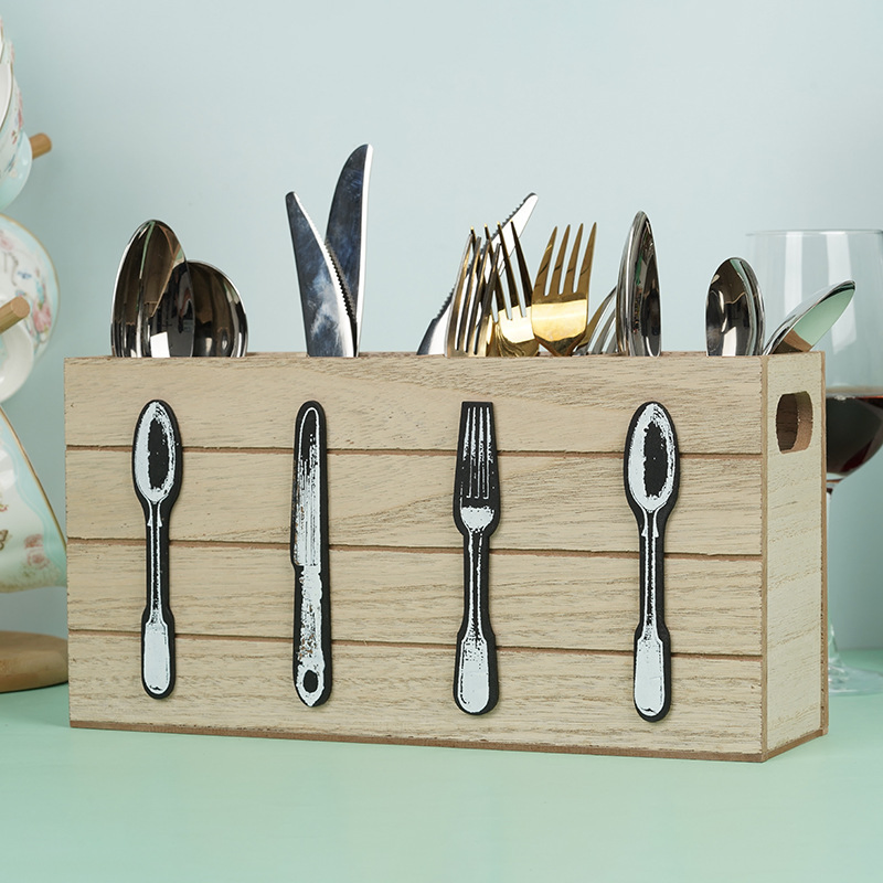 Wooden Kitchen Utensil Holder Caddy Flatware Organizer Cutlery Drainer with Handle Ez29769