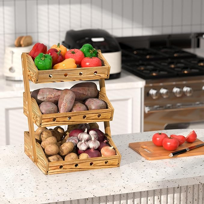 Wooden Fruit Basket Fruit Vegetable Storage Organizer Snack Organizer Kitchen Countertop