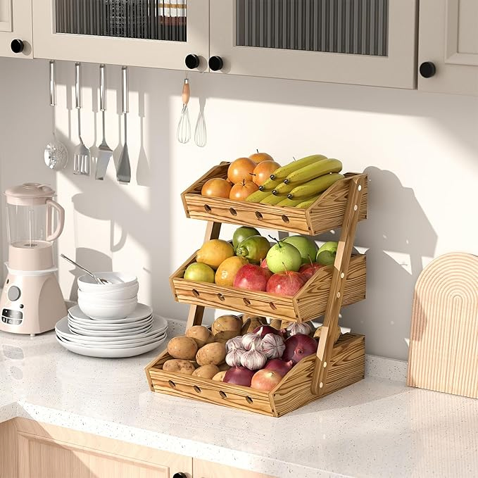 Wooden Fruit Basket Fruit Vegetable Storage Organizer Snack Organizer Kitchen Countertop