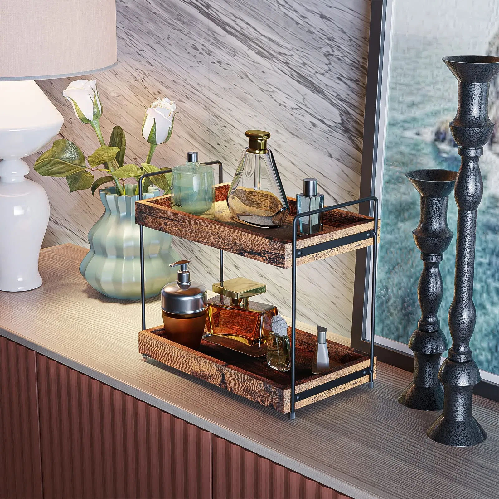 2-Tier Bathroom Counter Organizer, Wood Kitchen Countertop Spice Rack, Vanity Cosmetic Makeup Organizers Shelf for Bathroom Storage Organization, Rustic Brown