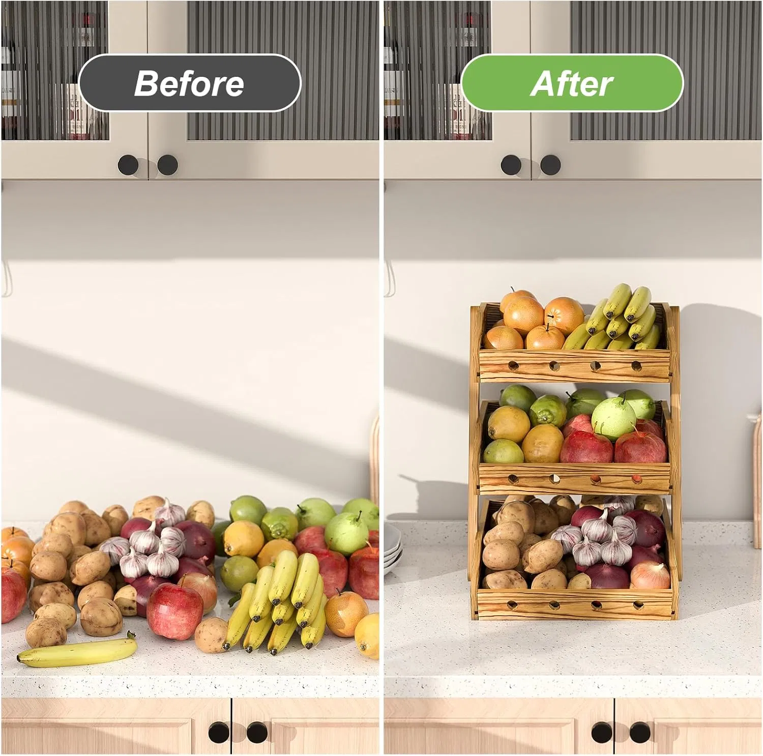 Wooden Fruit Basket Fruit Vegetable Storage Organizer Snack Organizer Kitchen Countertop