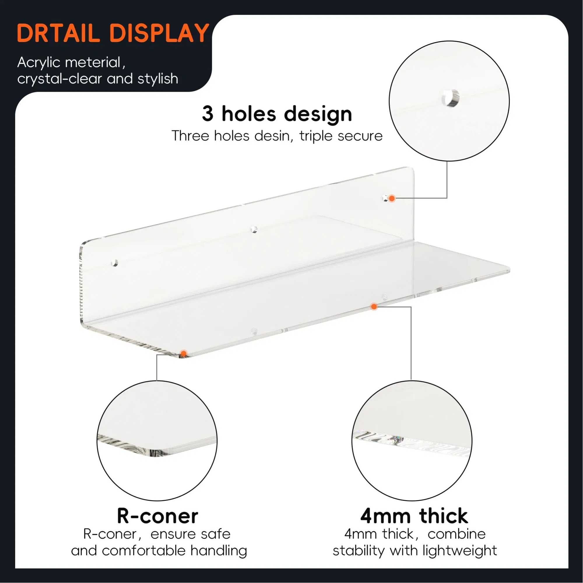 4mm Thick Acrylic Bathroom Wall Shelf Floating Storage Rack