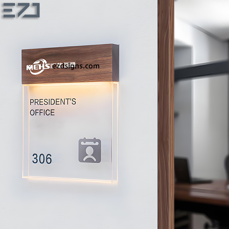 Transparent Glass &amp; Walnut Wood Office Room Number Name Signages for Wayfinding