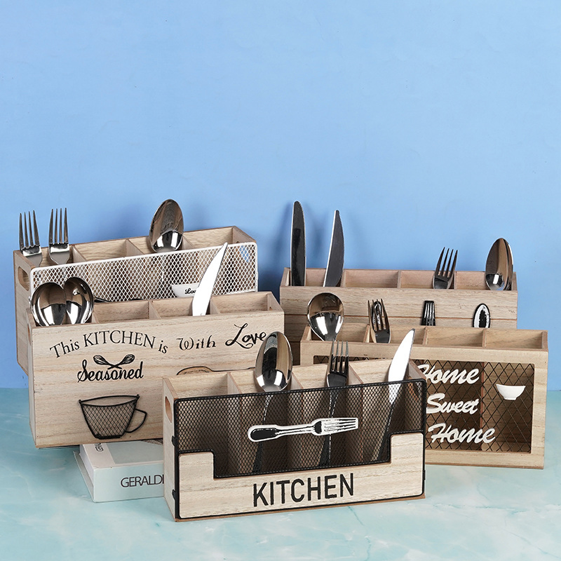 Wooden Kitchen Utensil Holder Caddy Flatware Organizer Cutlery Drainer with Handle Ez29769