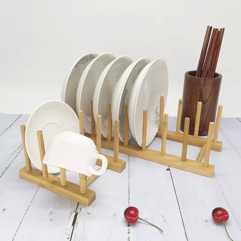 Multifunctional Bamboo Wood Dish Rack Drain/Dry/Storage Plate Rack-Standing Kitchen Rack Cabinet Organizer