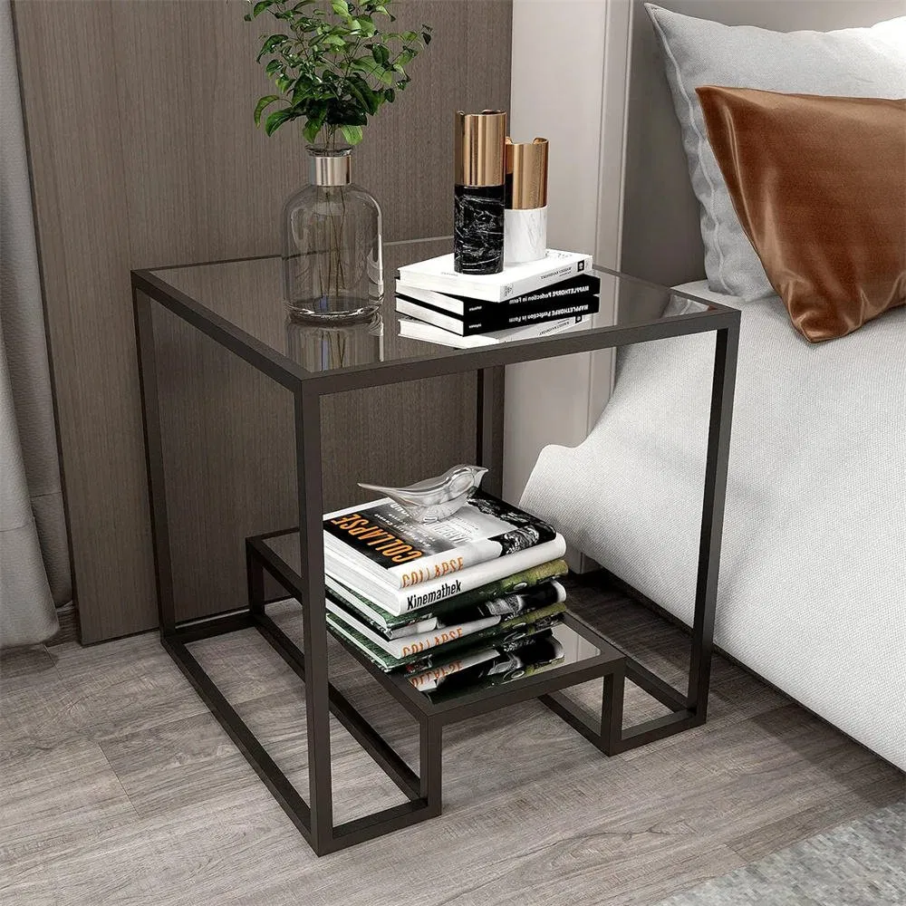 Modern 2-Tier Glass Console Smart Coffee Table Golden Iron Legs Anti-Tip Device Black Rectangle Sofa Side Desk for Living Room Entryway Foyer