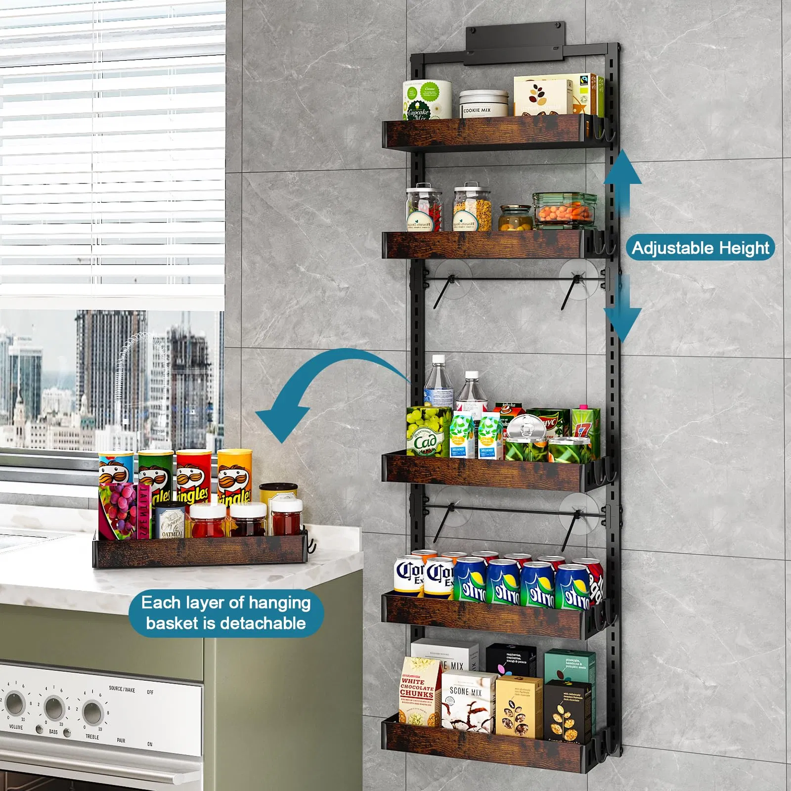Over The Door Pantry Organizer, 6-Tier Adjustable Wooden Basket Kitchen Pantry Door Organization and Storage, Heavy-Duty Metal Hanging Kitchen Spice Rack